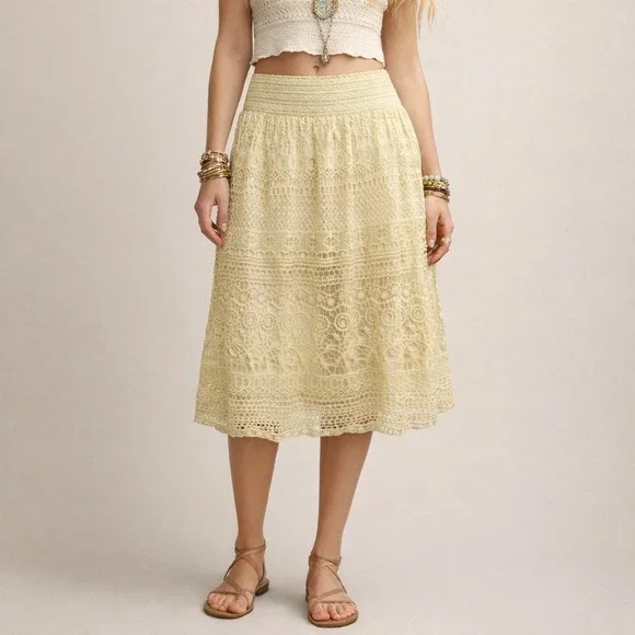 J. Gee Cream Lace Crochet Boho Midi Skirt Elastic Waist XL - Picture 1 of 6